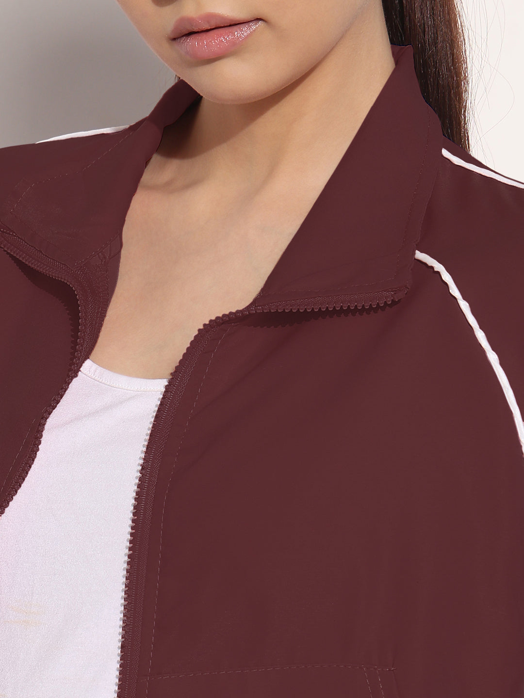 Women's Maroon Shirt Collar Bomber Jacket with Piping Detail