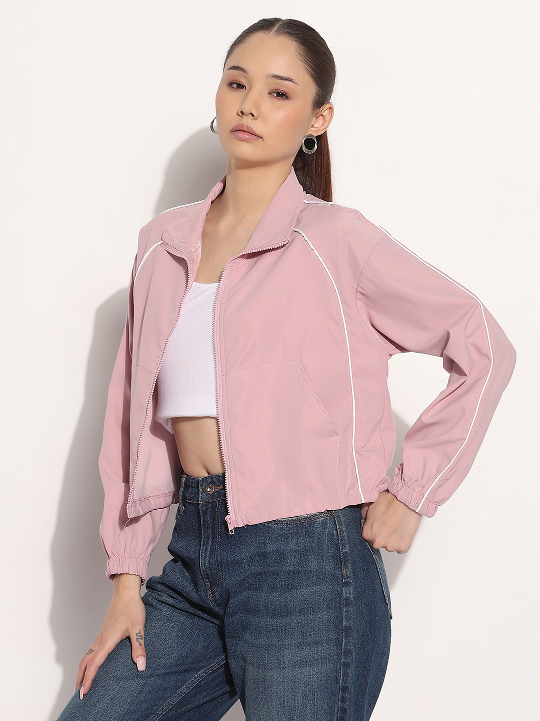 Women's Pink Shirt Collar Bomber Jacket with Piping Detail