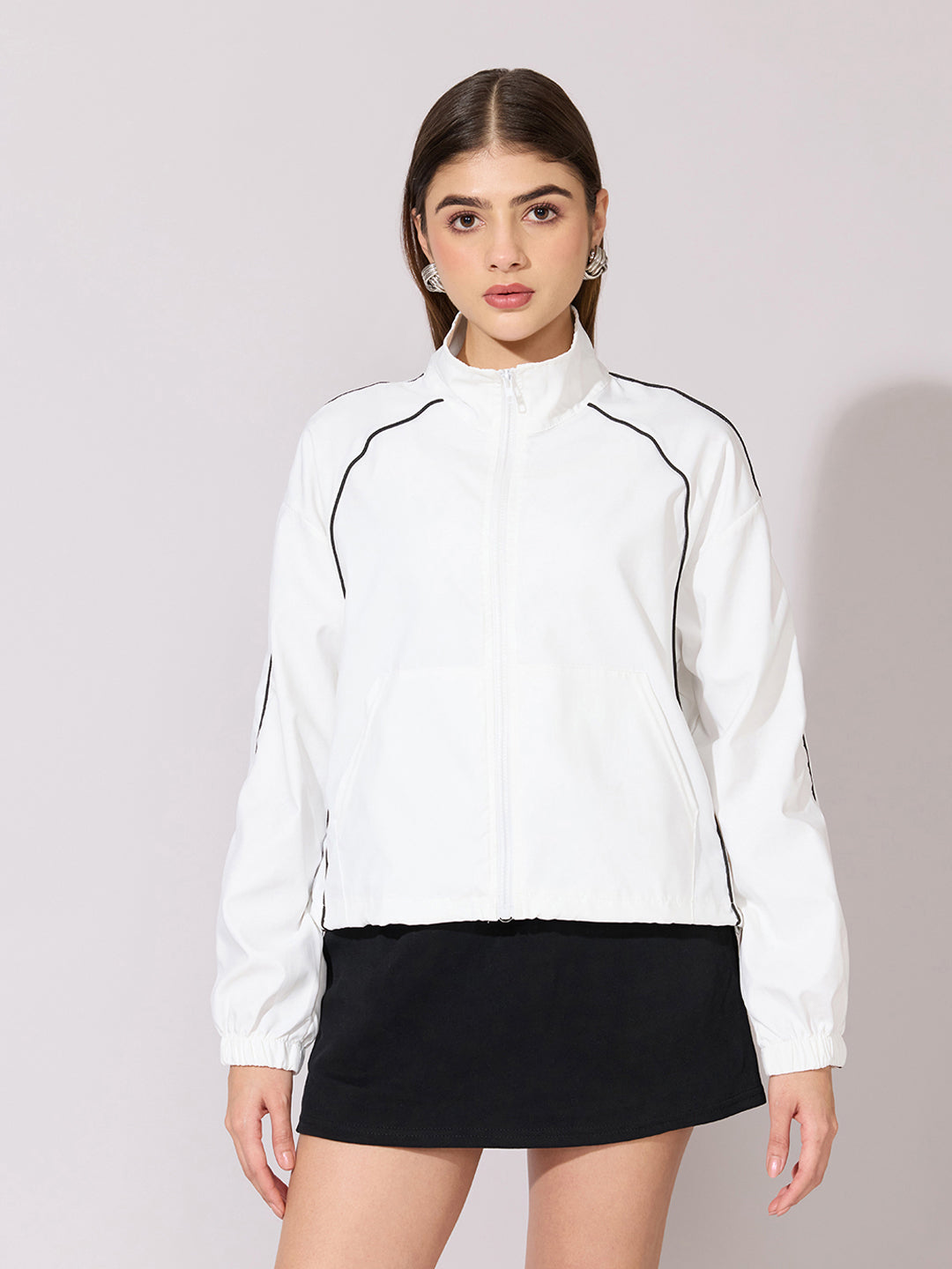 Women's White Contrast Trim Zip-Up Jacket