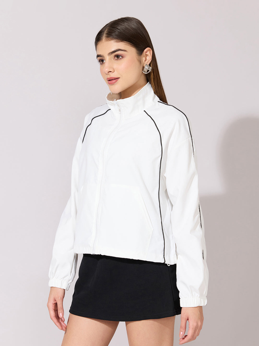 Women's White Contrast Trim Zip-Up Jacket