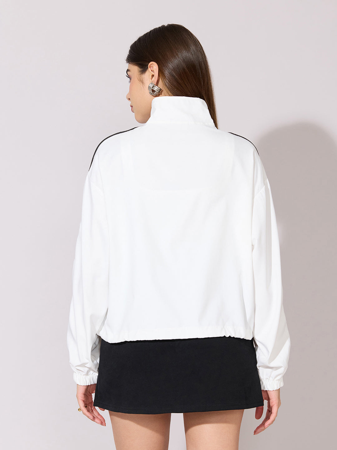 Women's White Contrast Trim Zip-Up Jacket