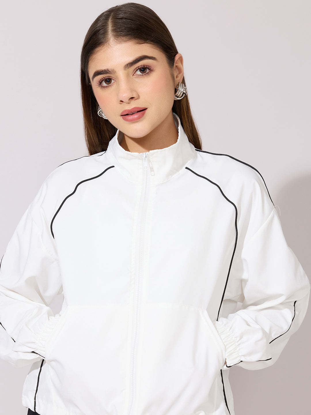 Women's White Contrast Trim Zip-Up Jacket