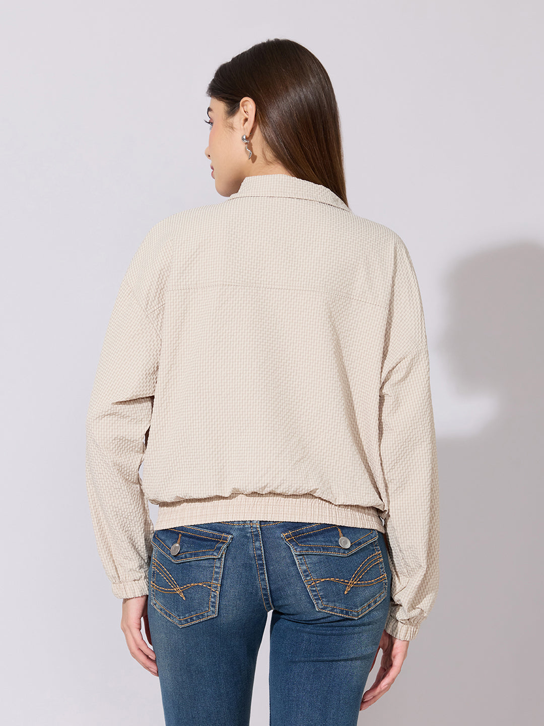 Women's Textured Beige Zip-Up Jacket with Shirt Collar