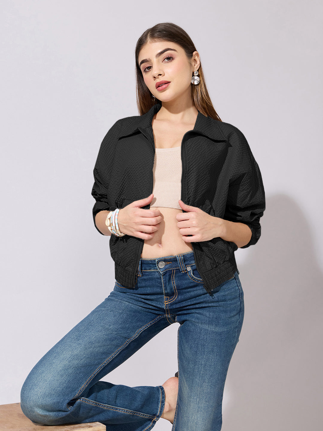 Women's Textured Black Zip-Up Jacket with Shirt Collar
