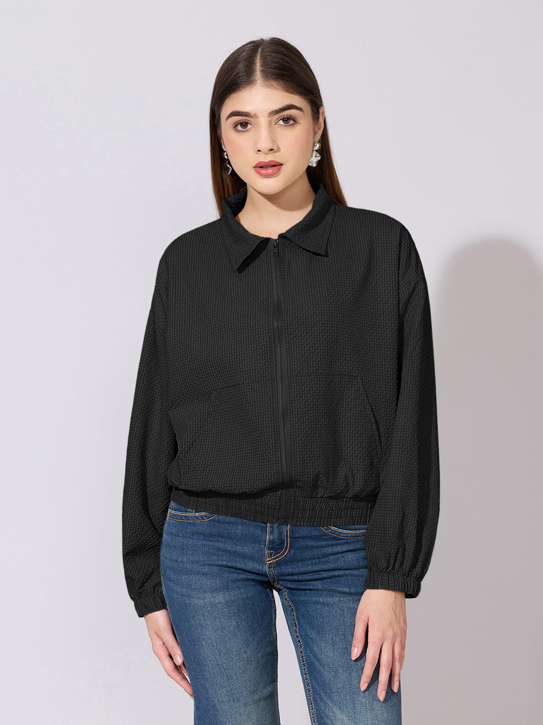 Women's Textured Black Zip-Up Jacket with Shirt Collar