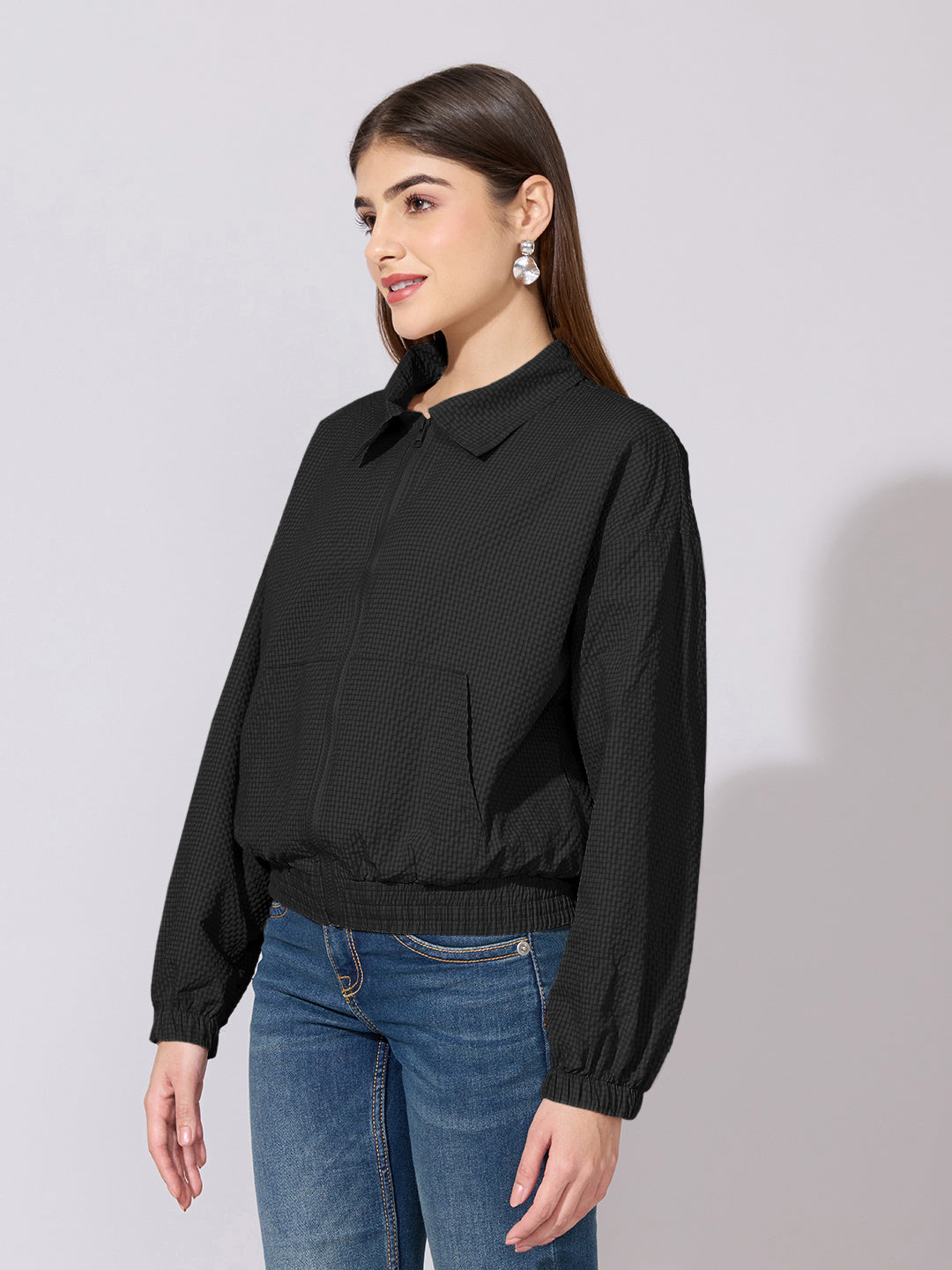 Women's Textured Black Zip-Up Jacket with Shirt Collar