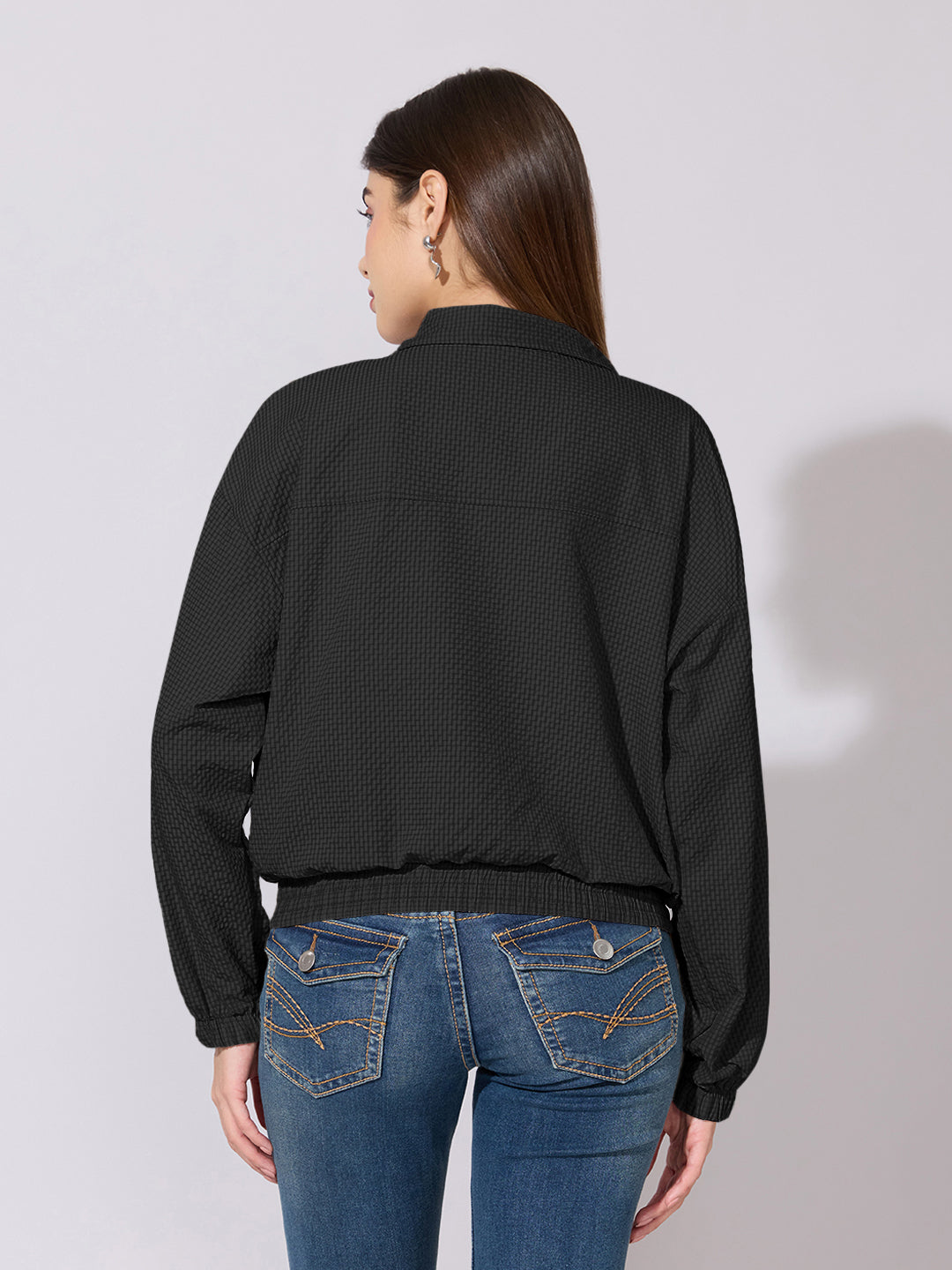 Women's Textured Black Zip-Up Jacket with Shirt Collar