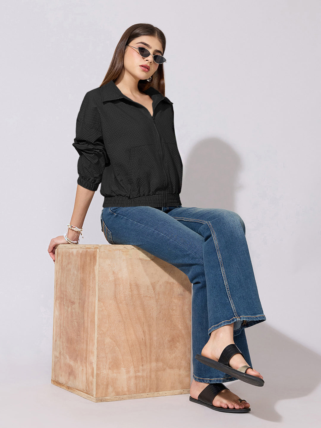 Women's Textured Black Zip-Up Jacket with Shirt Collar