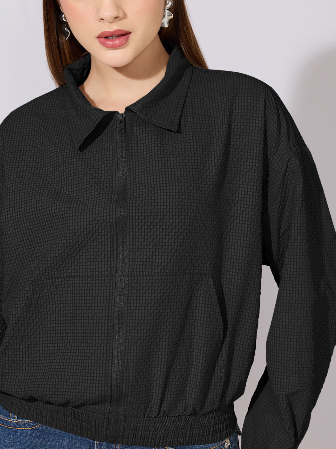 Women's Textured Black Zip-Up Jacket with Shirt Collar