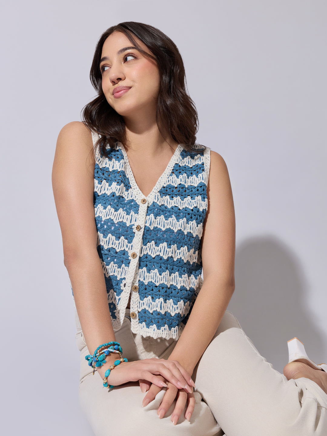 Women's Striped Blue & White Crochet Vest Top