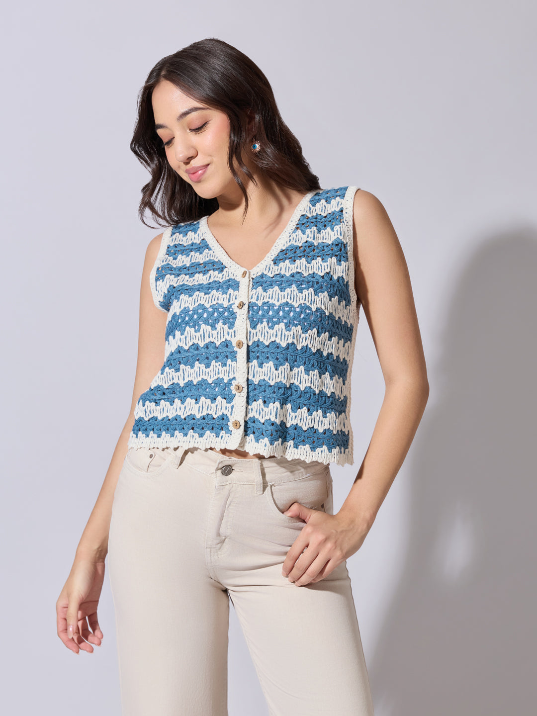 Women's Striped Blue & White Crochet Vest Top