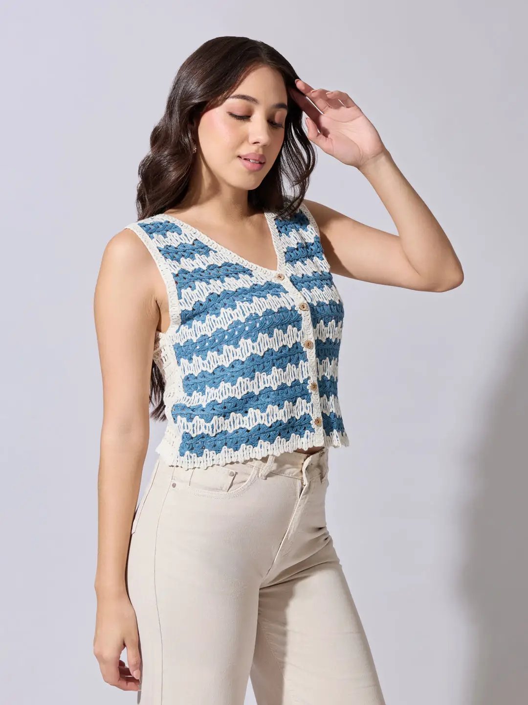 Women's Striped Blue & White Crochet Vest Top - from SHOWOFFFF