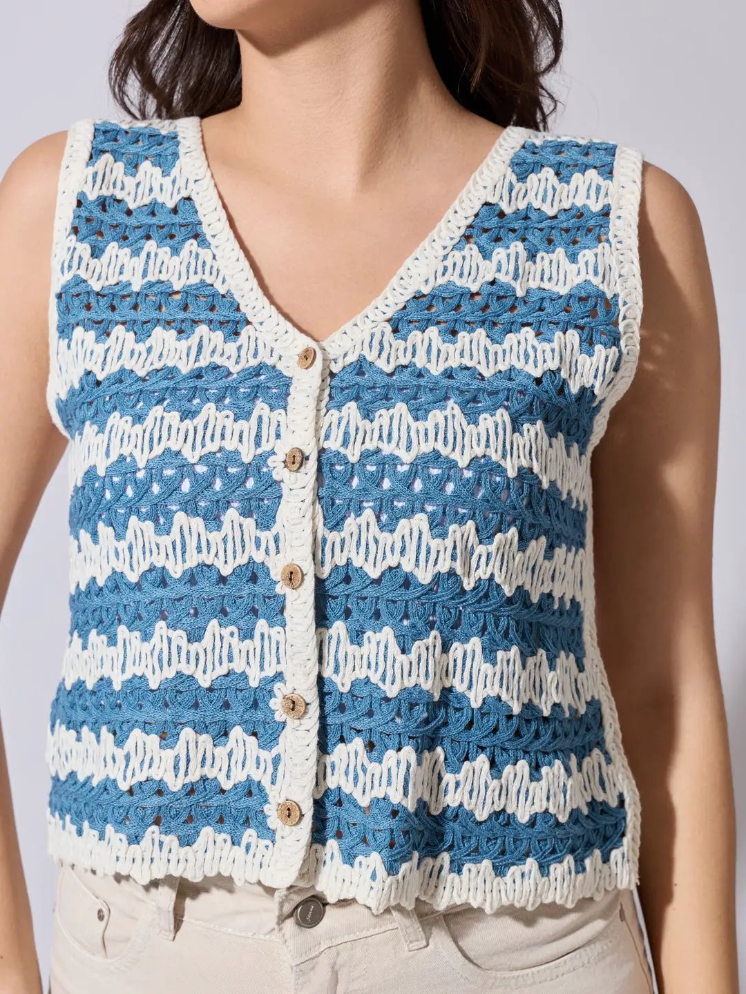 Women's Striped Blue & White Crochet Vest Top - from SHOWOFFFF