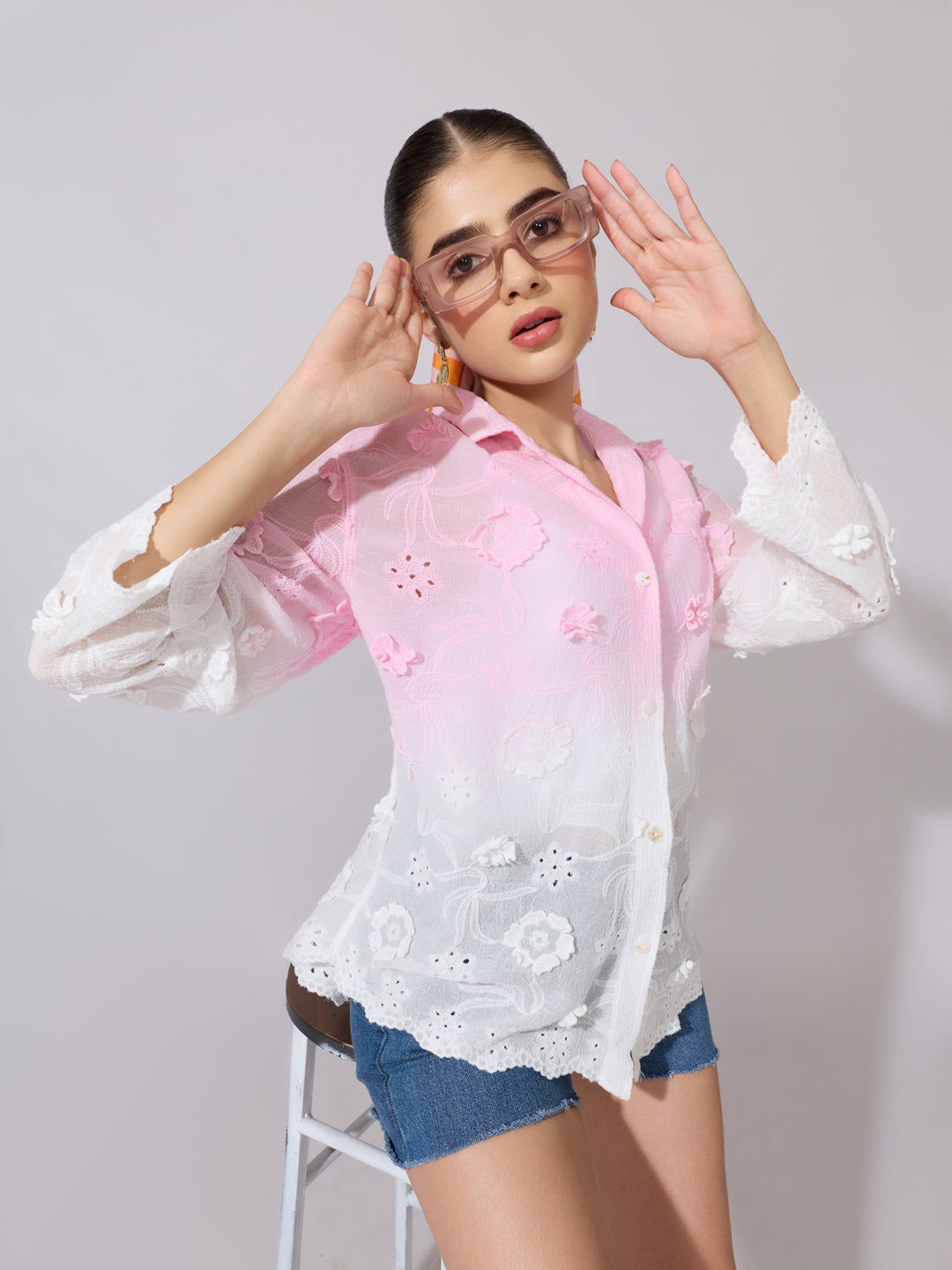 Women's Ombre Pink Cutwork Shirt with Floral Applique
