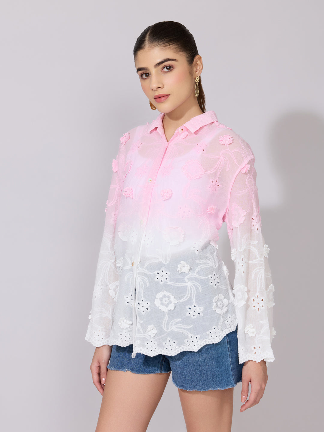 Women's Ombre Pink Cutwork Shirt with Floral Applique