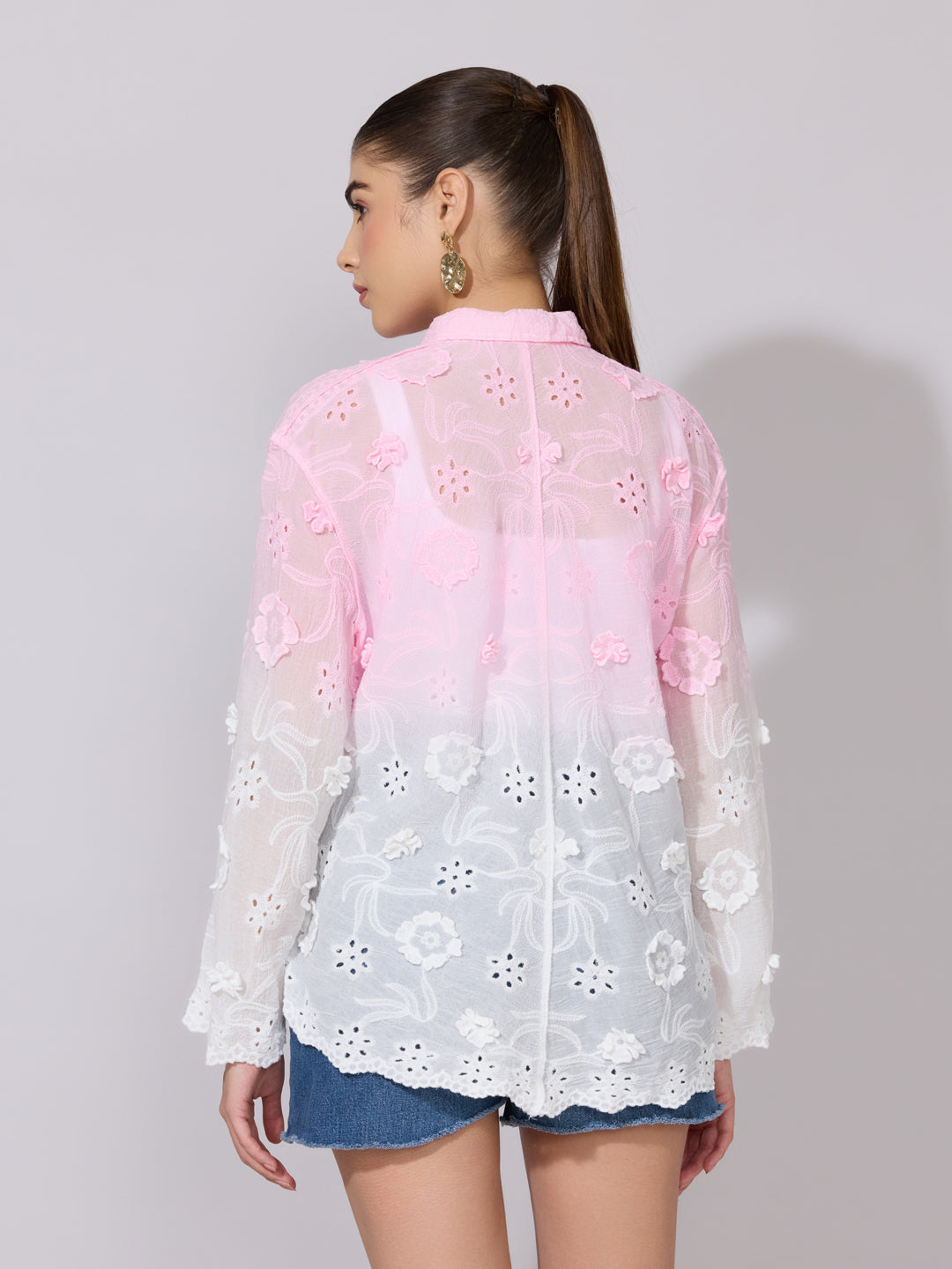 Women's Ombre Pink Cutwork Shirt with Floral Applique