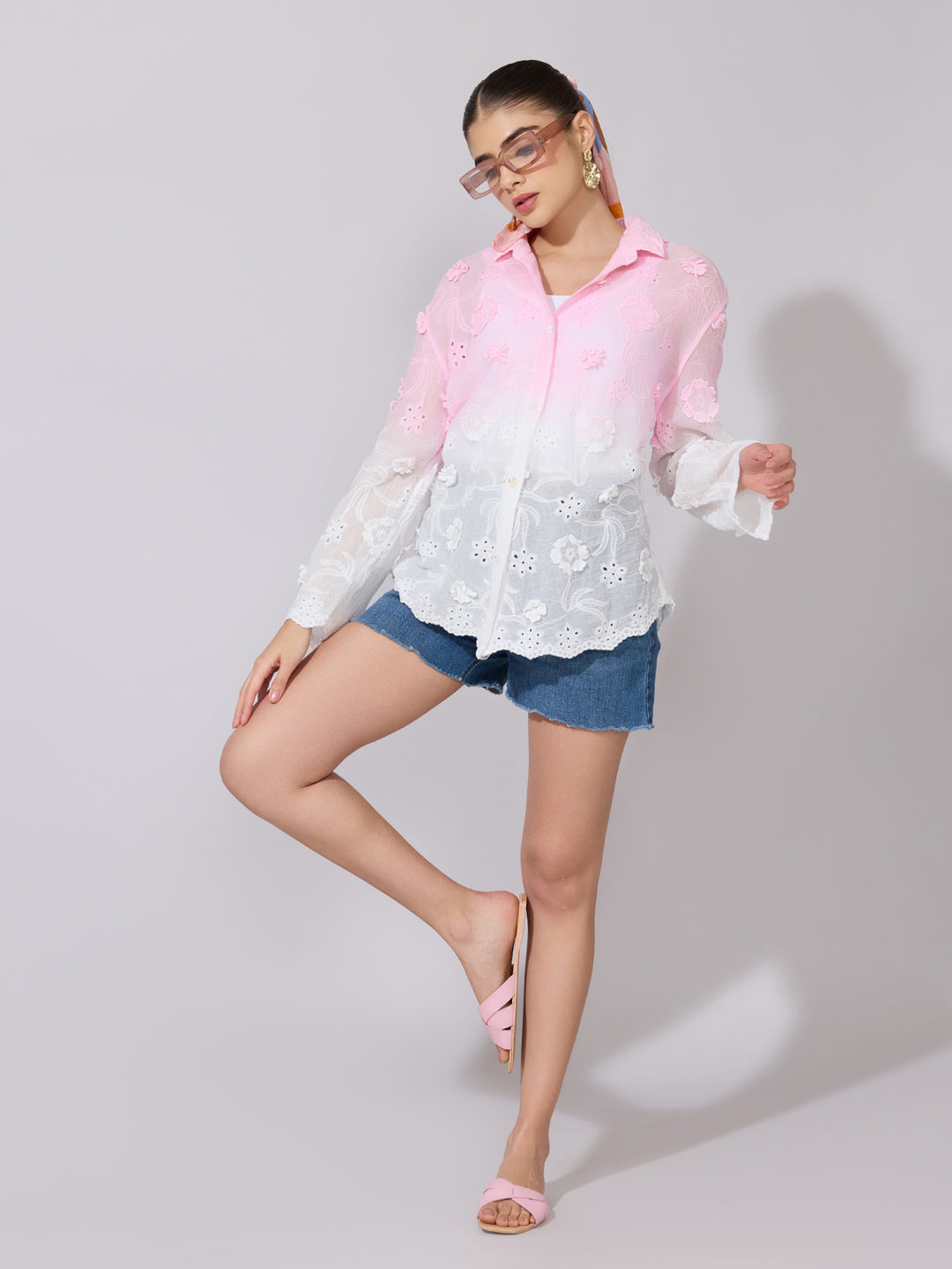 Women's Ombre Pink Cutwork Shirt with Floral Applique