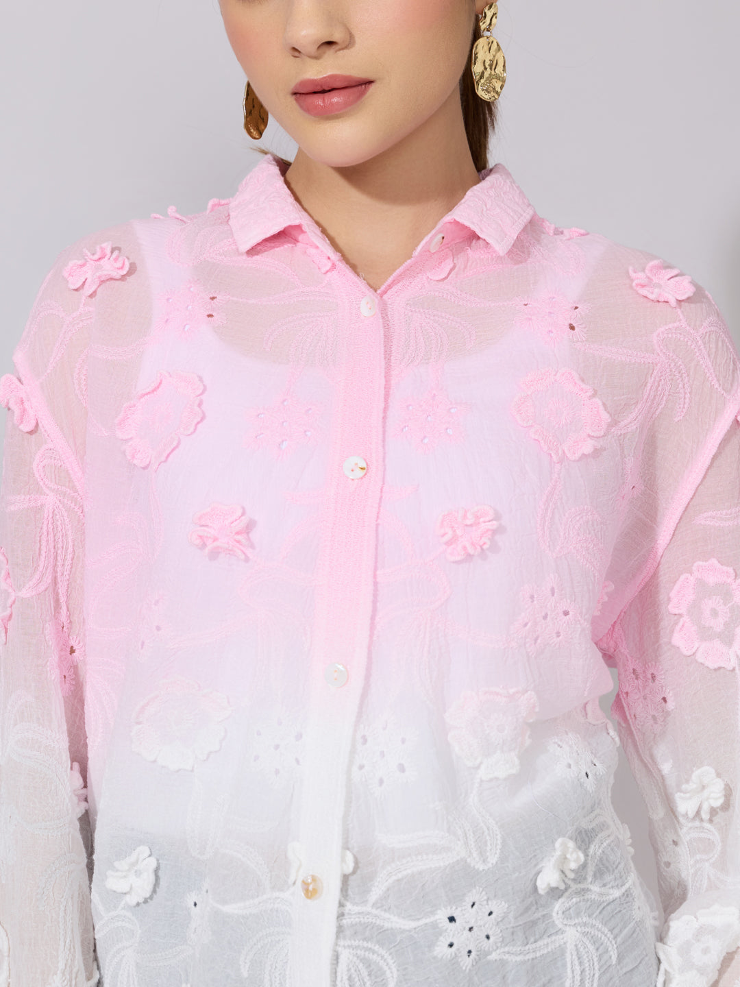 Women's Ombre Pink Cutwork Shirt with Floral Applique