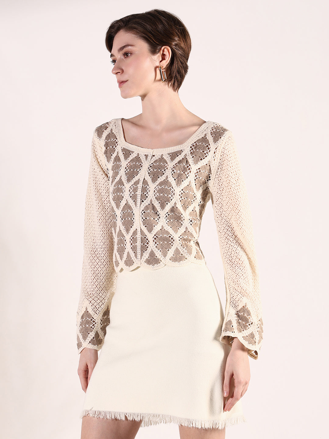 Women Beige Solid Crochet Top