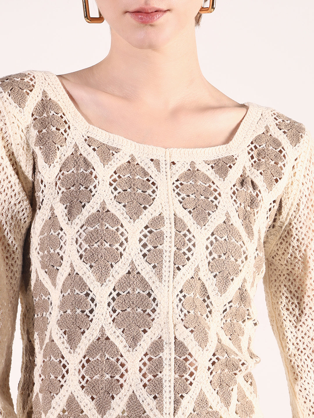 Women Beige Solid Crochet Top