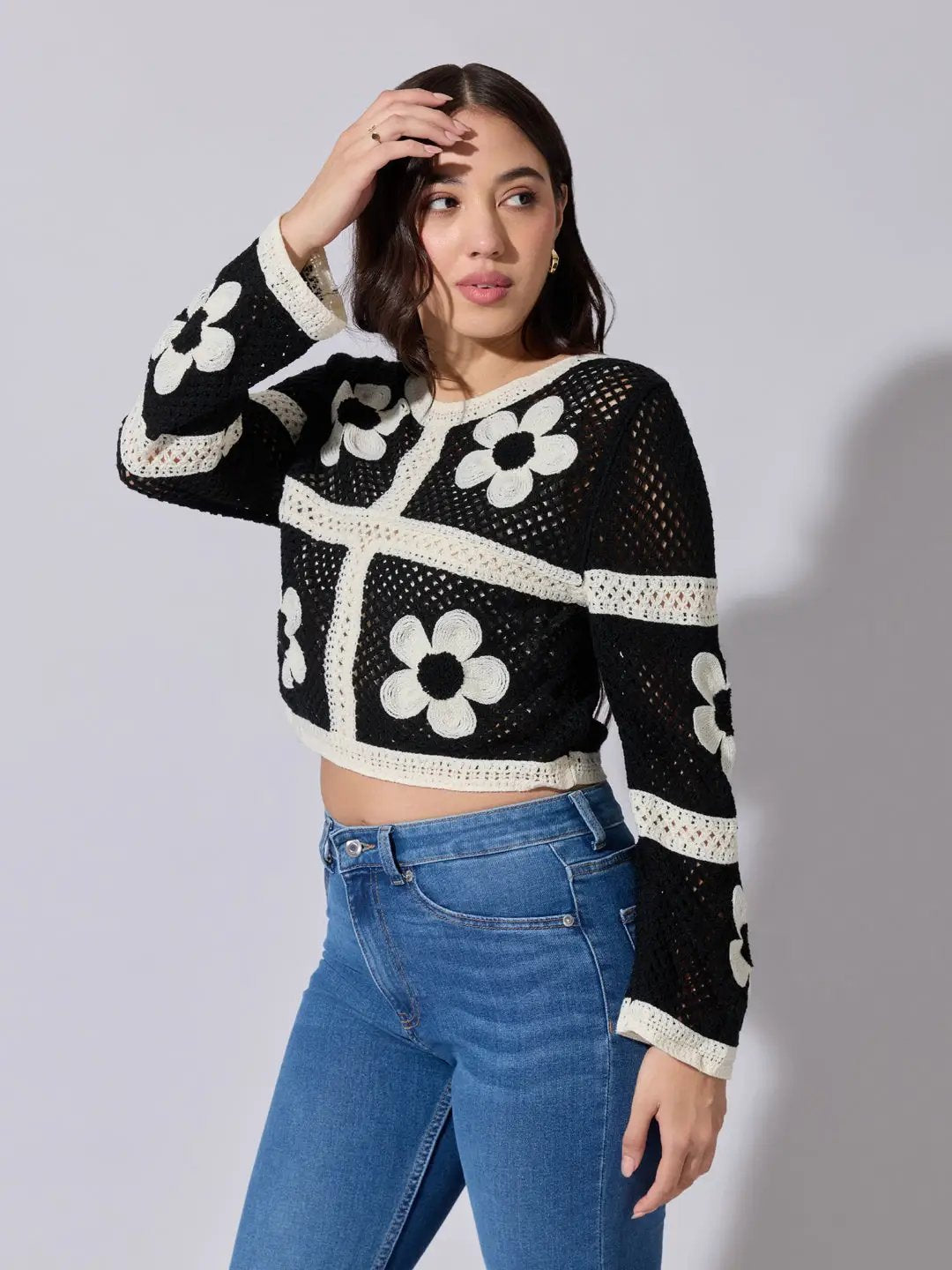 Buy Women's Black Floral Crochet Pattern Crop Top | Showoffff