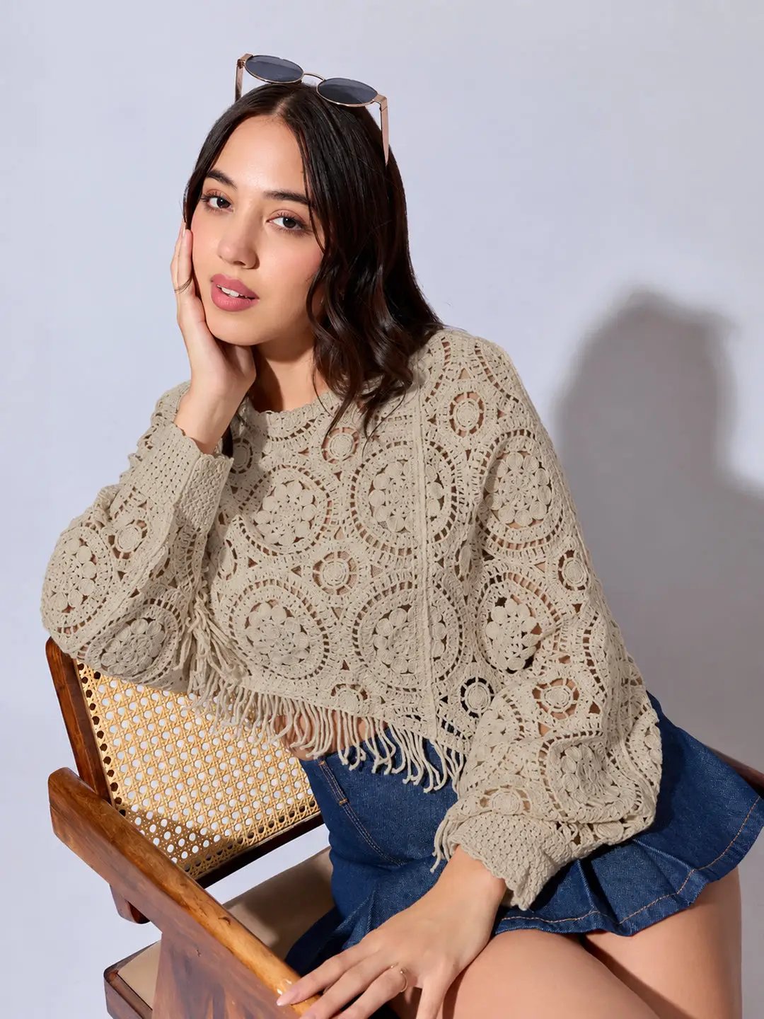 Women's Beige Crochet Crop Top with Fringe Hem