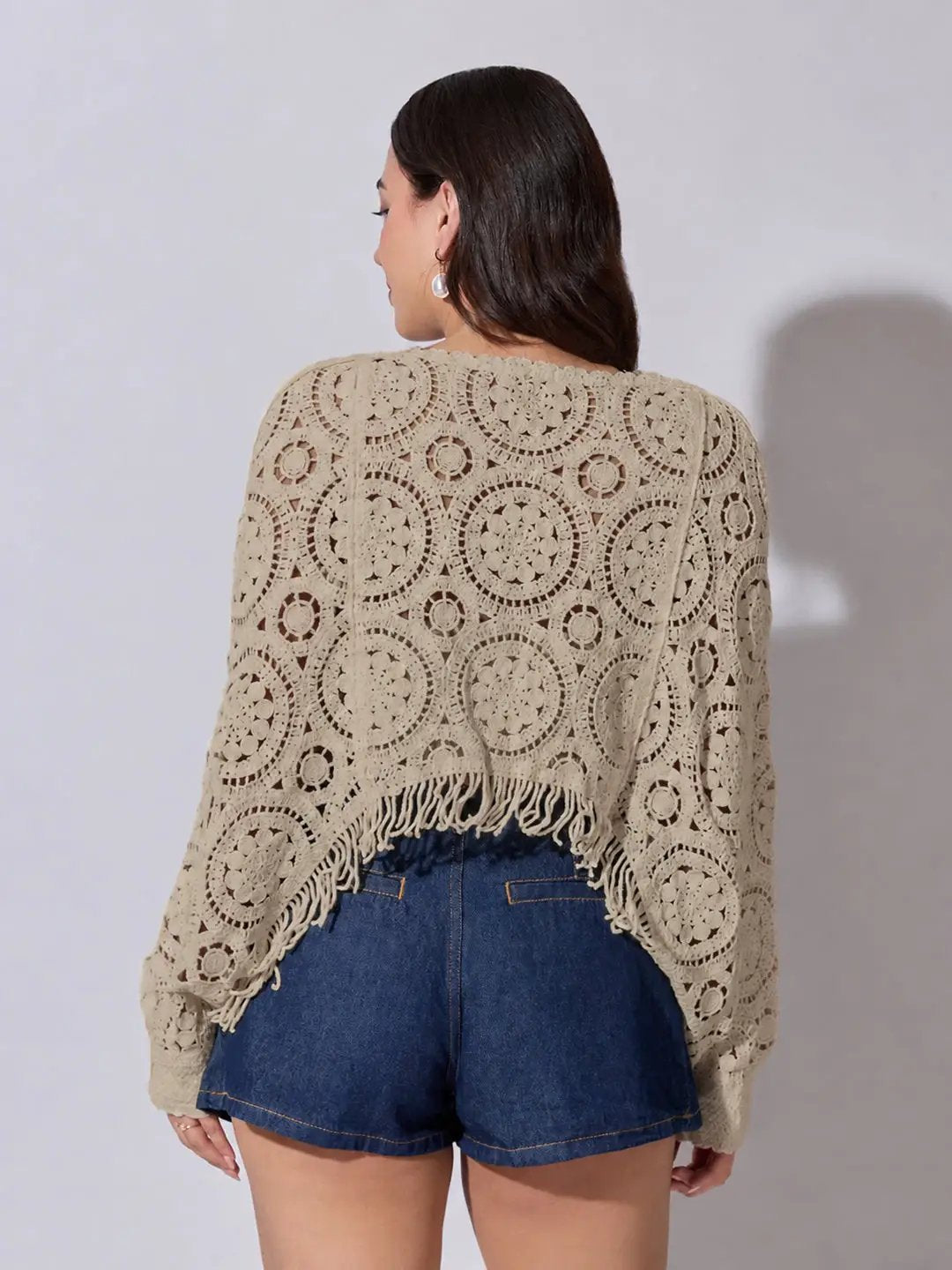 Women's Beige Crochet Crop Top with Fringe Hem