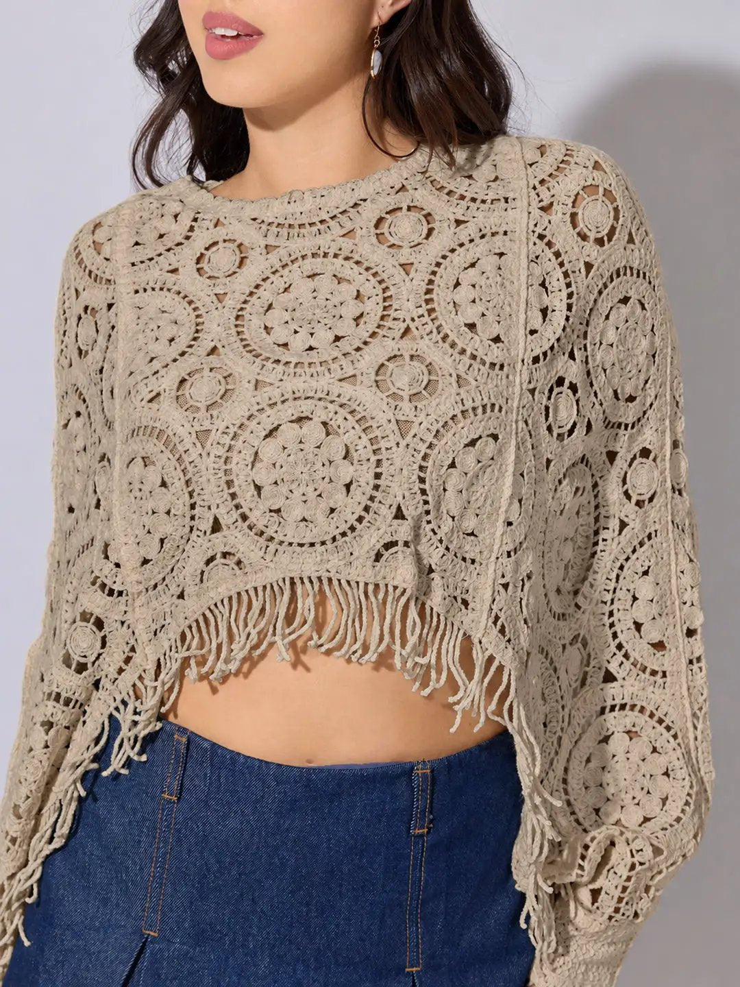 Women's Beige Crochet Crop Top with Fringe Hem