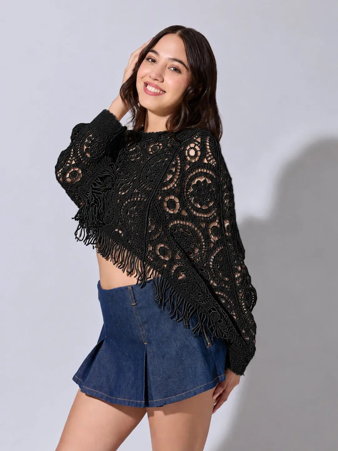 Women's Black Crochet Crop Top with Fringe Hem