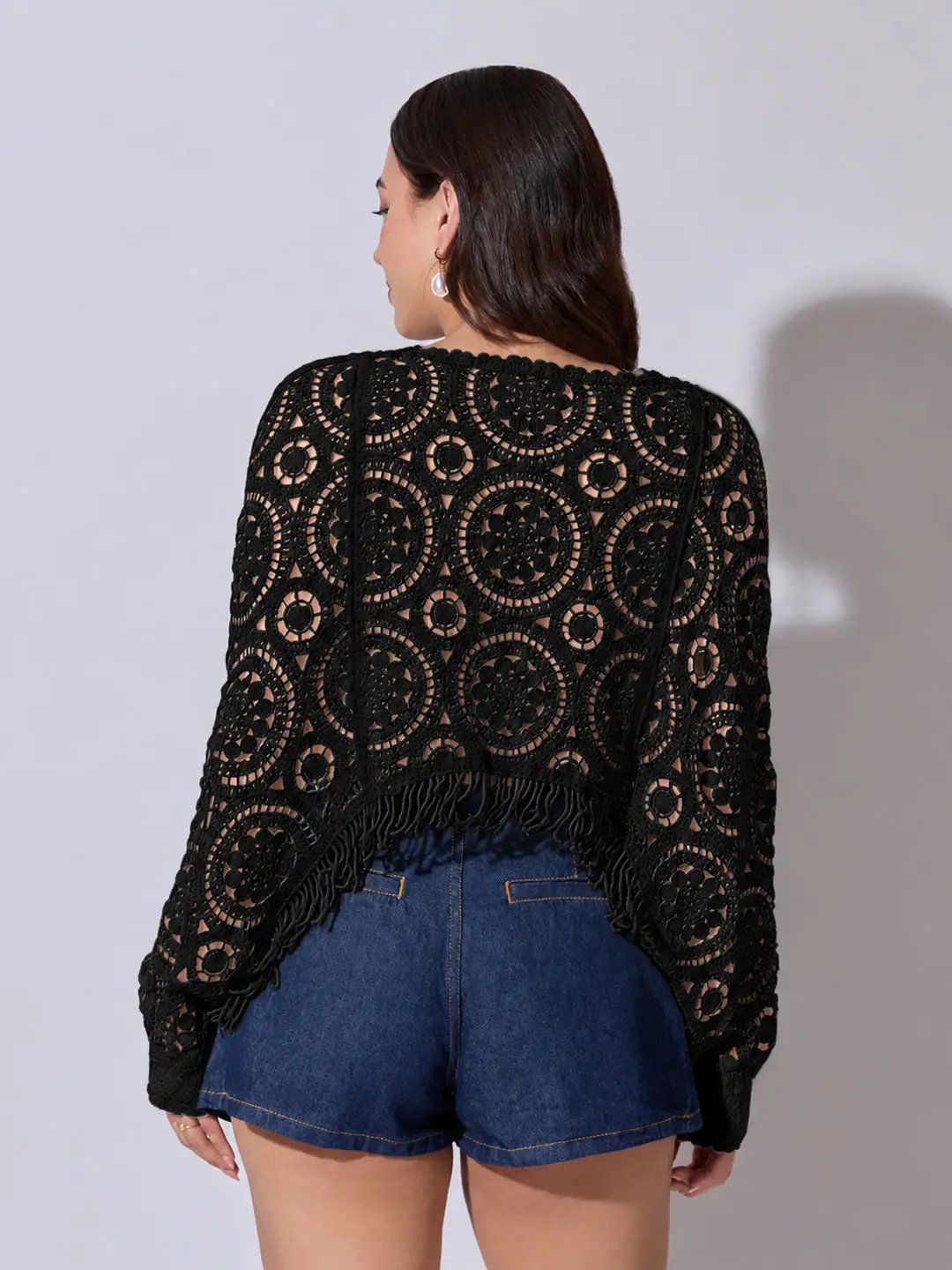Women's Black Crochet Crop Top with Fringe Hem