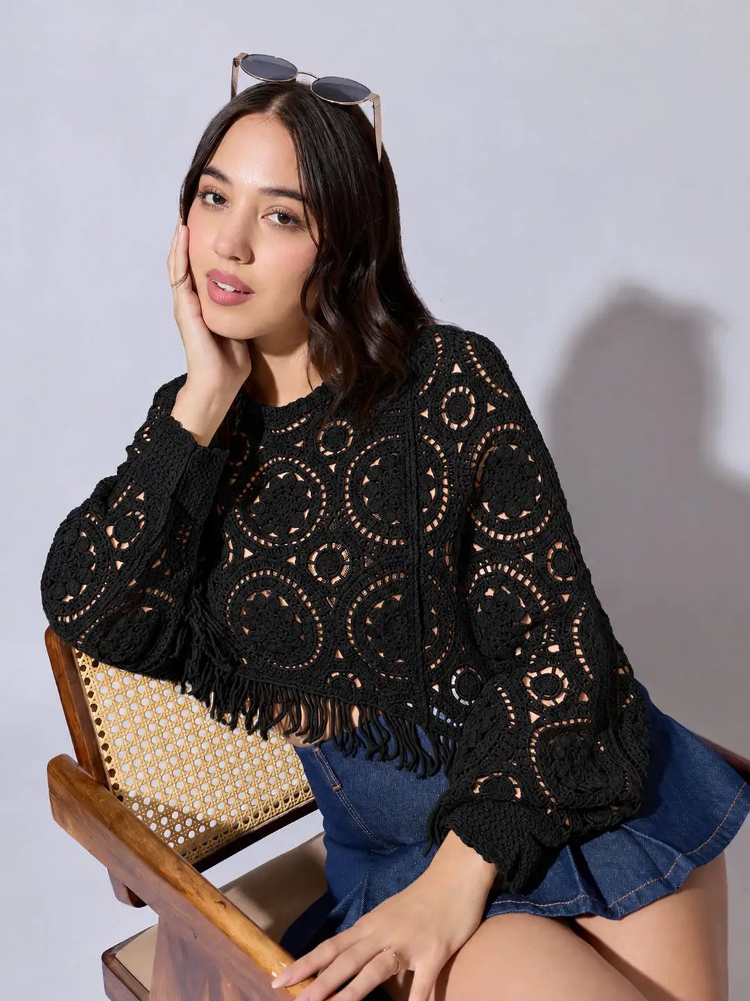 Women's Black Crochet Crop Top with Fringe Hem