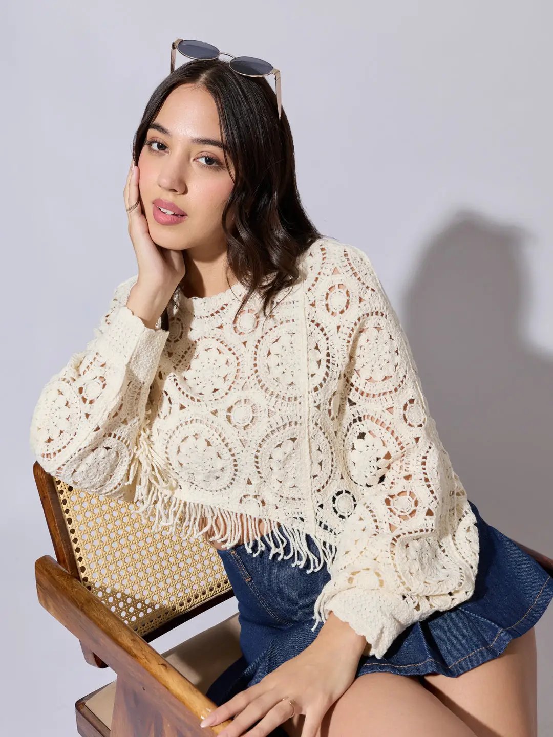 Women's Cream Crochet Crop Top with Fringe Hem - from SHOWOFFFF