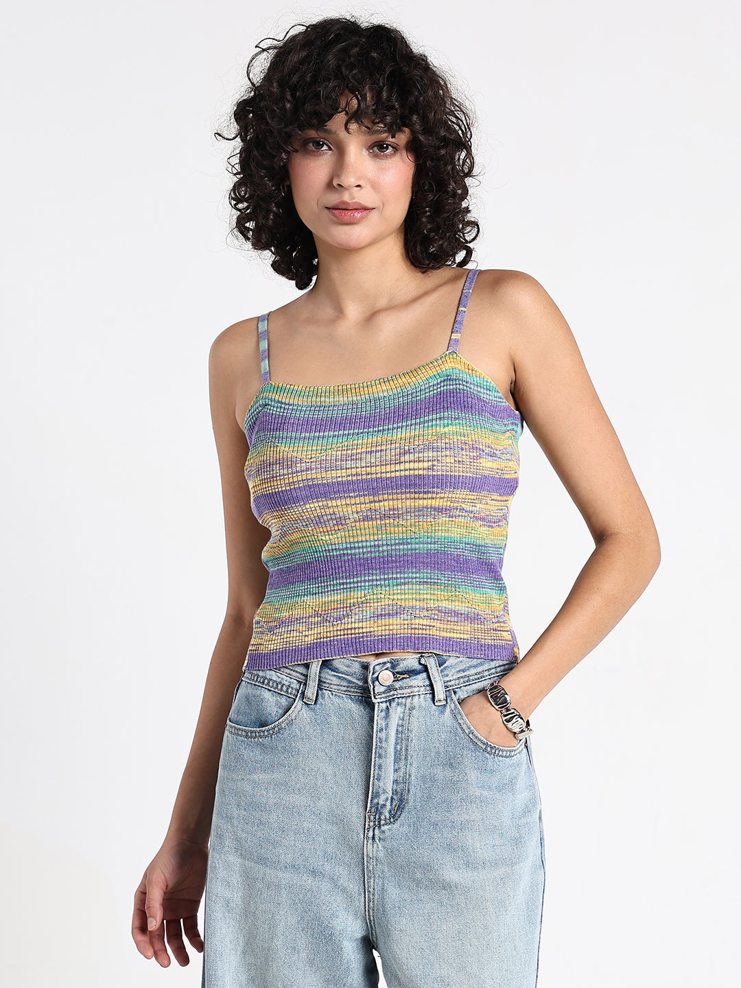 Women's Multicolour Striped Knit Spaghetti Strap Top