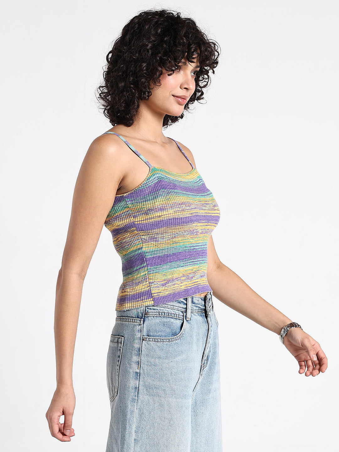 Women's Multicolour Striped Knit Spaghetti Strap Top