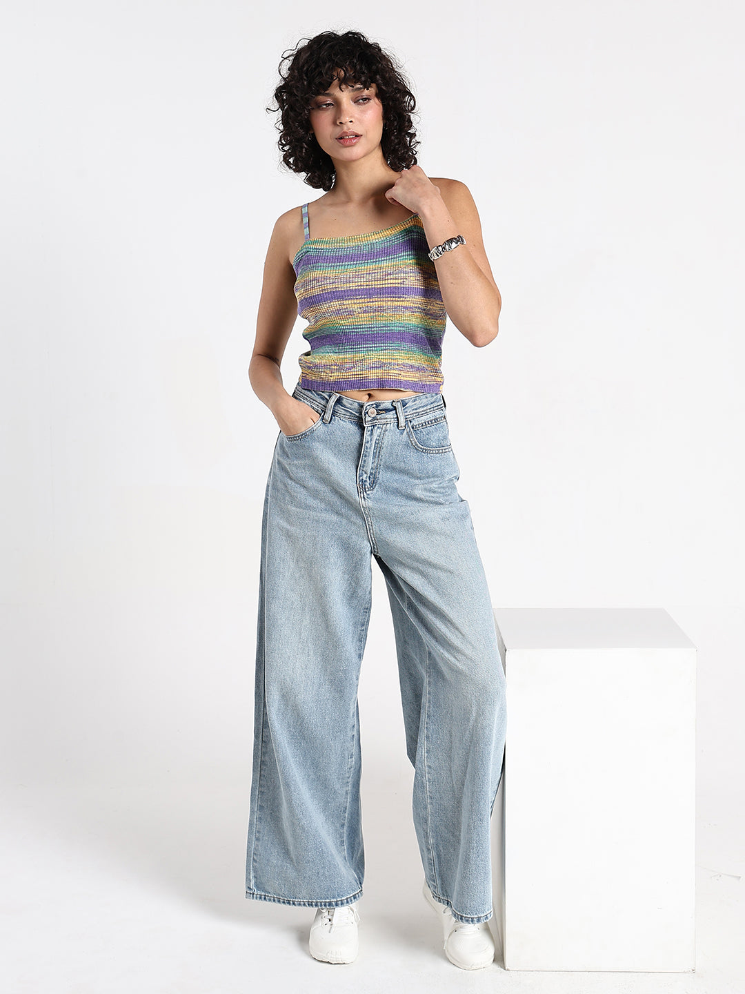 Women's Multicolour Striped Knit Spaghetti Strap Top