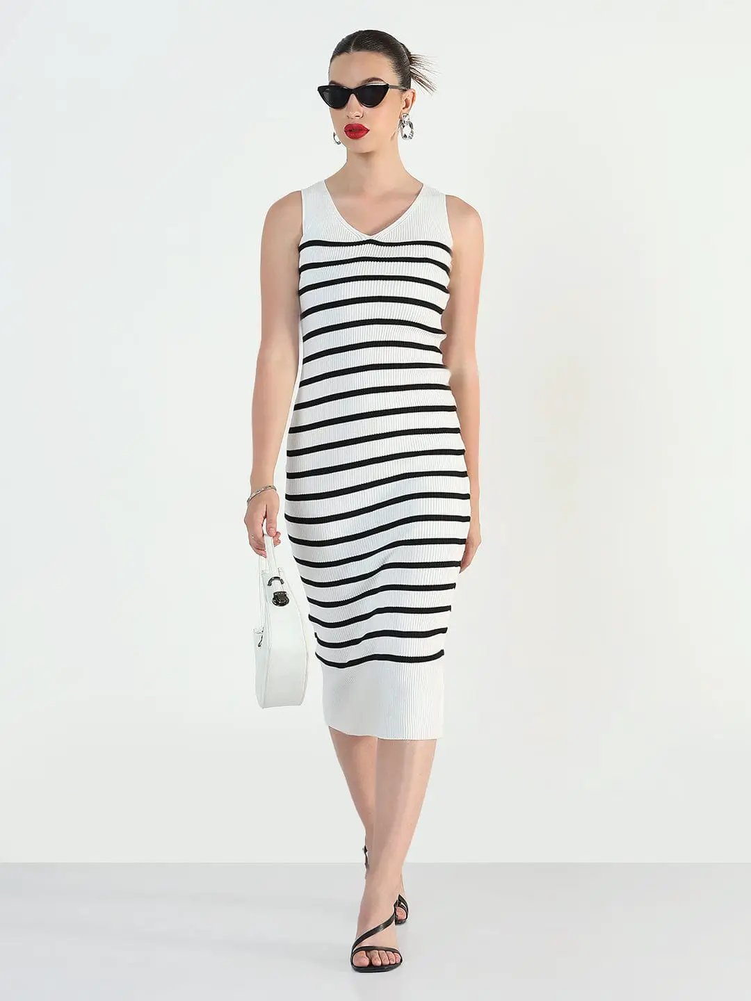 Shop Women's Ribbed Striped Sleeveless White Bodycon Dresses| Showoffff Shop Women's Ribbed Striped Sleeveless White Bodycon Dresses| Showoffff