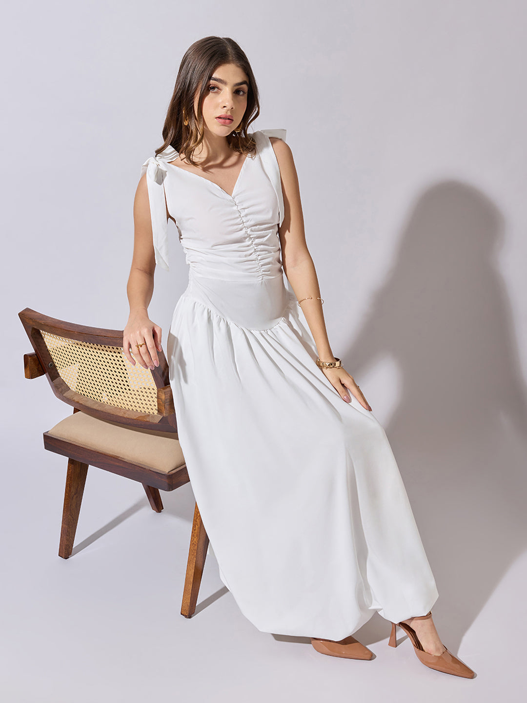 Women's White Ruched Maxi Dress with Shoulder Tie-Up