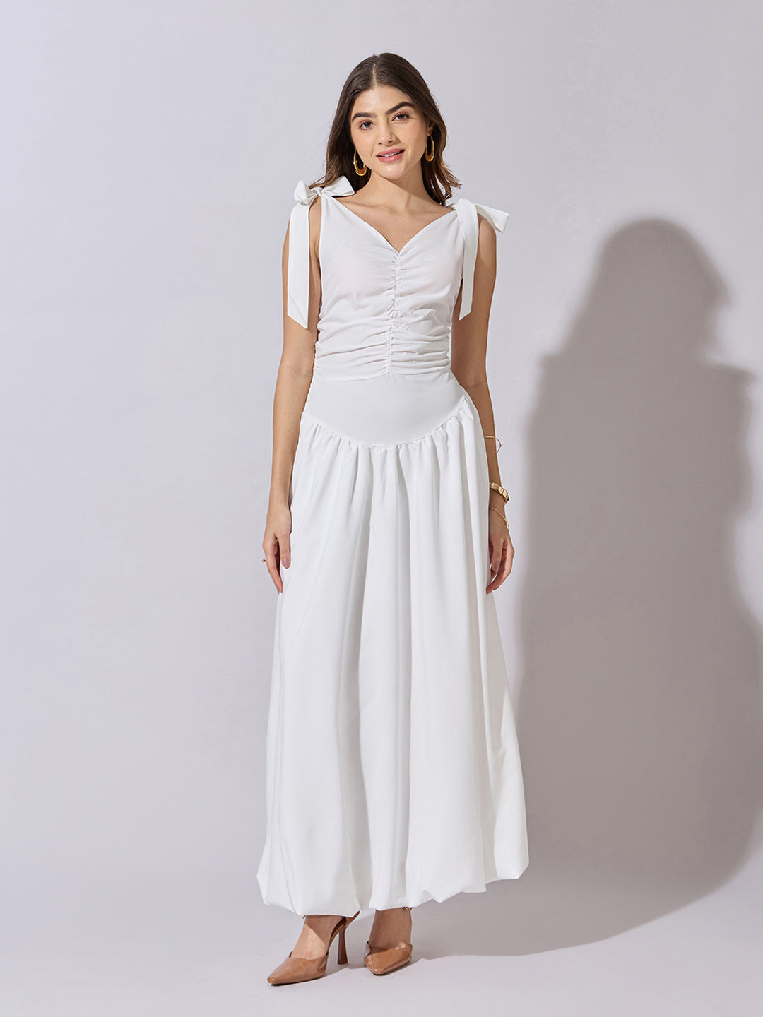 Women's White Ruched Maxi Dress with Shoulder Tie-Up
