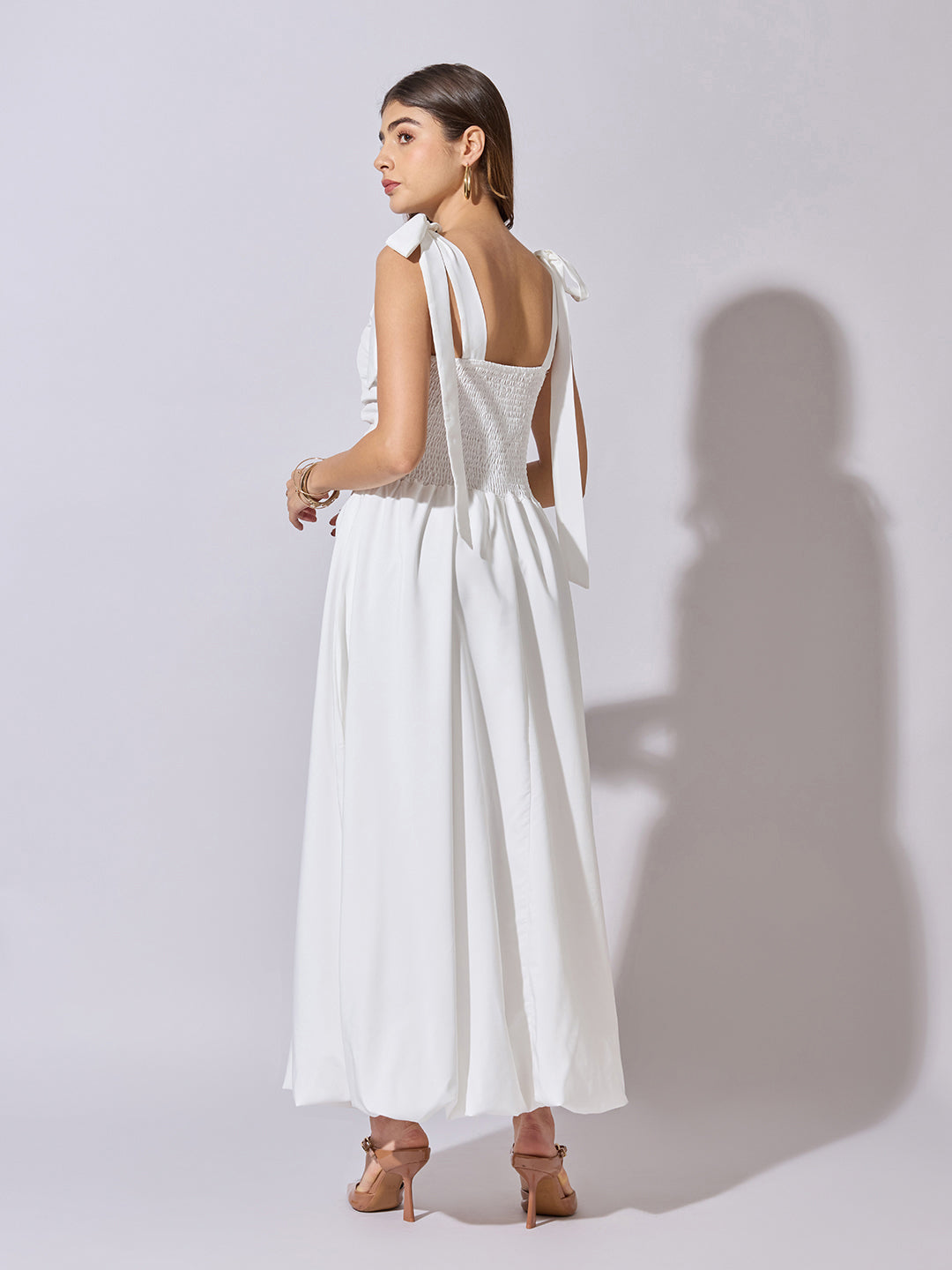 Women's White Ruched Maxi Dress with Shoulder Tie-Up