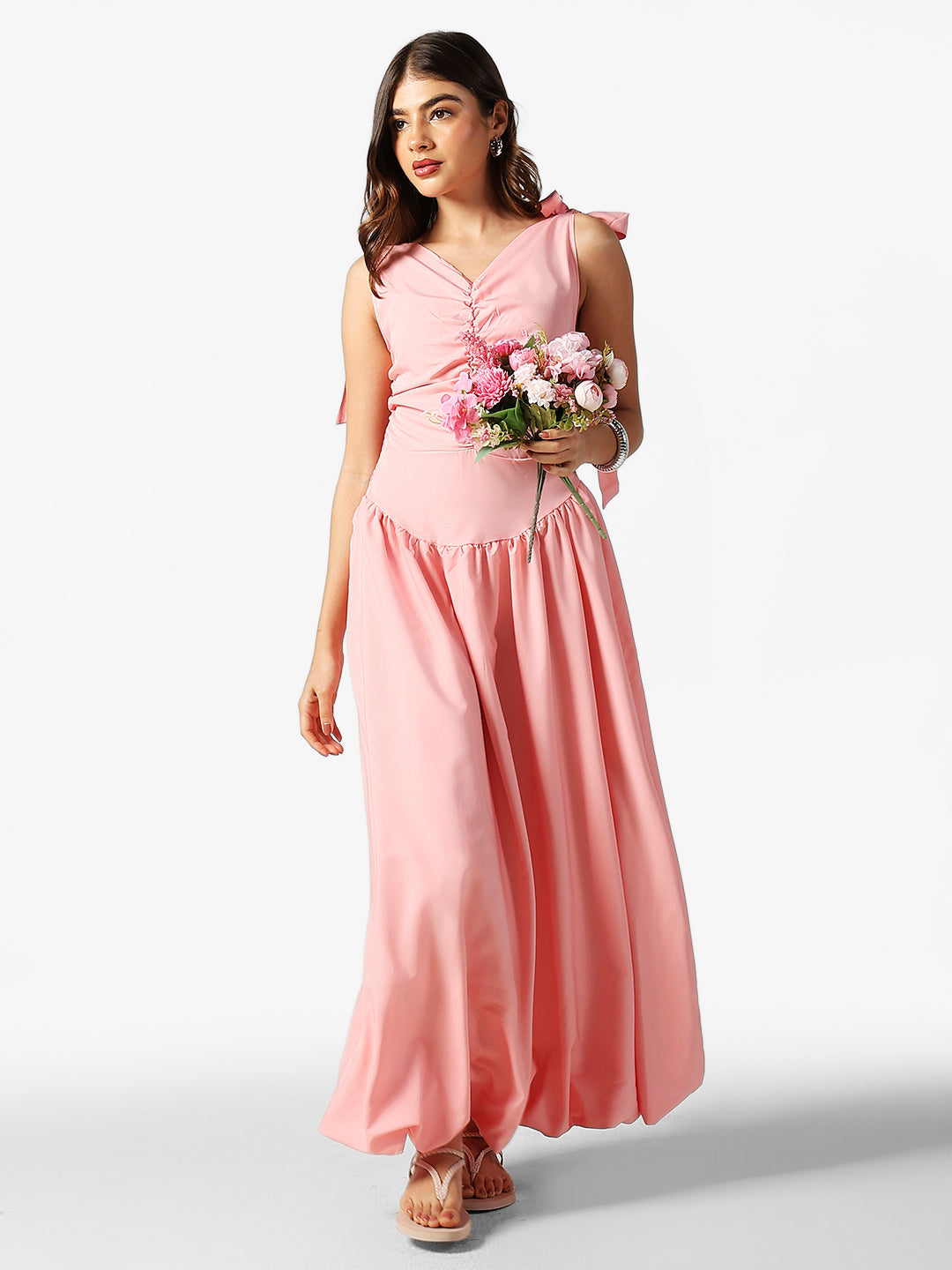 Women's Pink Ruched Maxi Dress with Shoulder Tie-Up