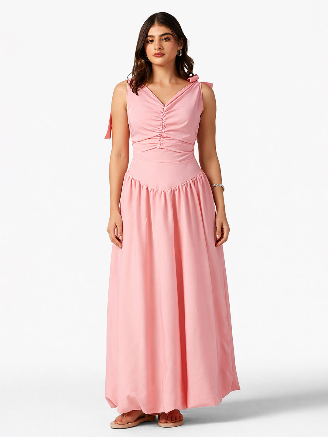 Women's Pink Ruched Maxi Dress with Shoulder Tie-Up