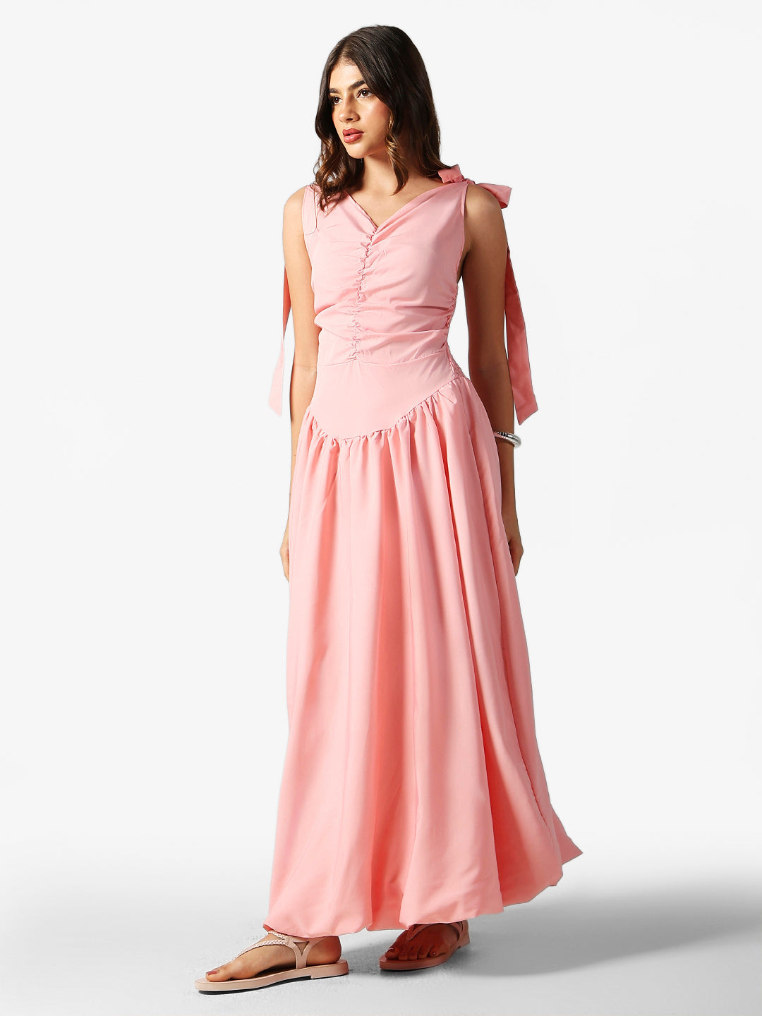 Women's Pink Ruched Maxi Dress with Shoulder Tie-Up