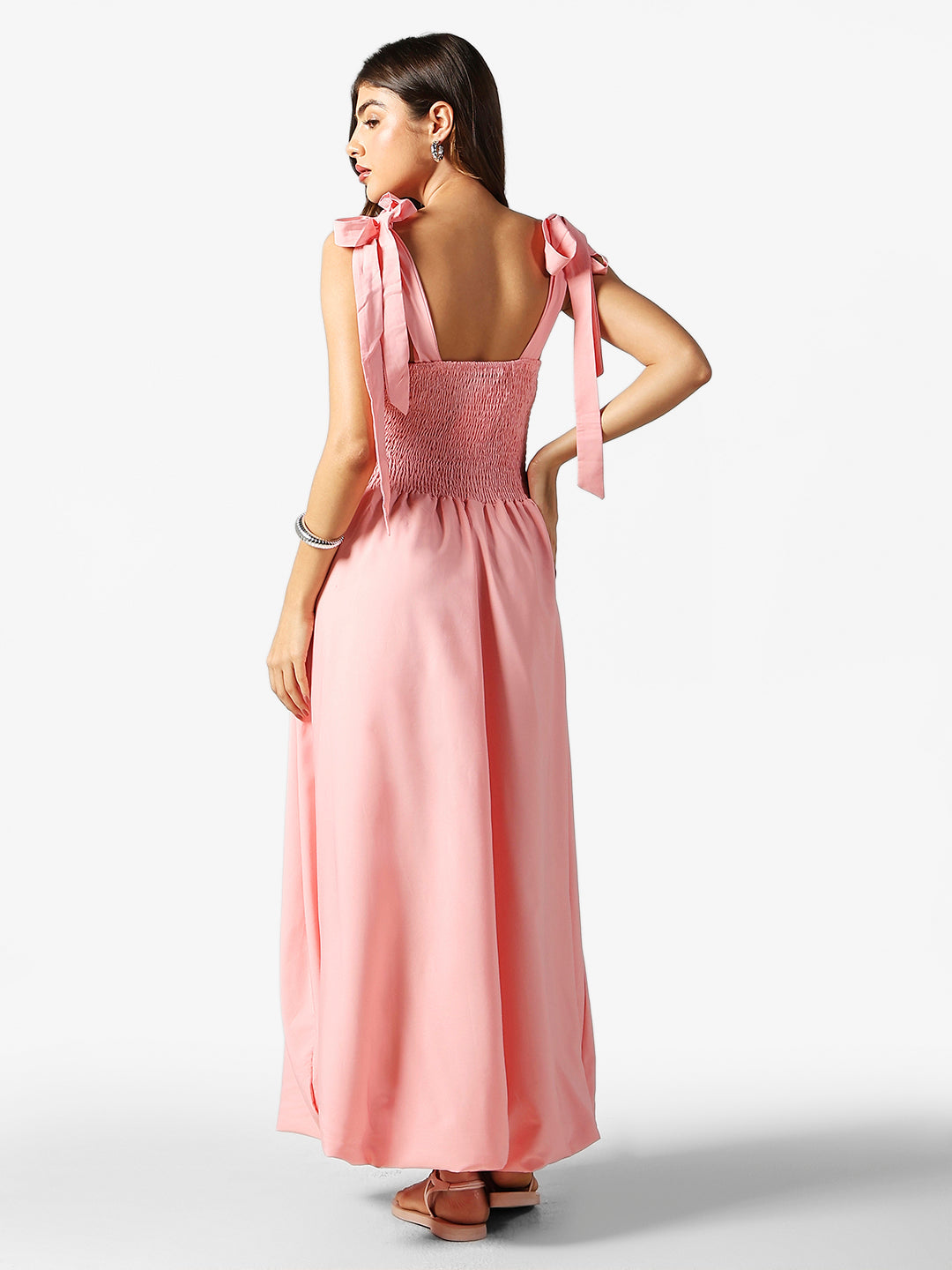 Women's Pink Ruched Maxi Dress with Shoulder Tie-Up