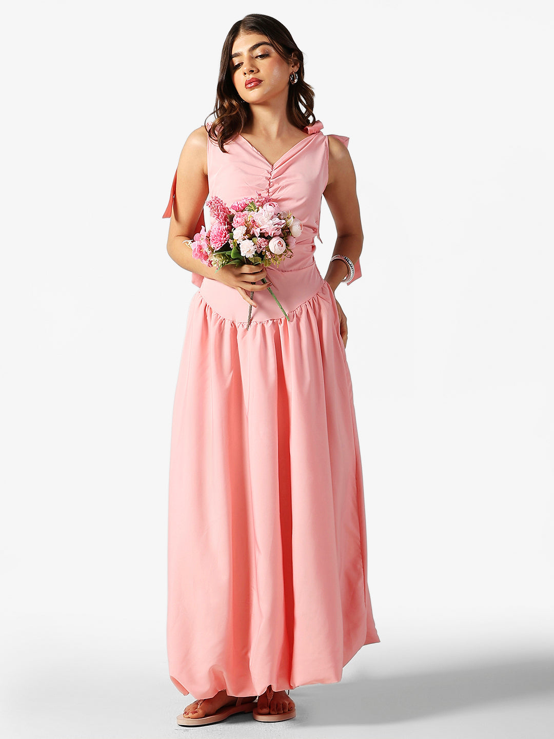 Women's Pink Ruched Maxi Dress with Shoulder Tie-Up
