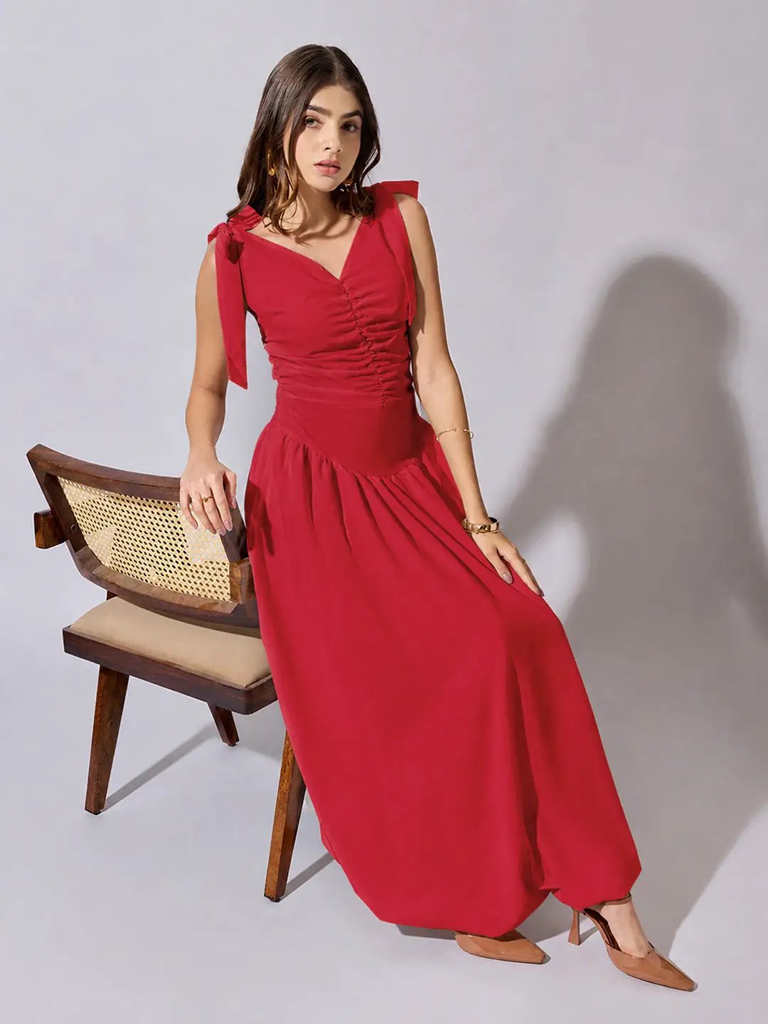 Women's Red Solid A-Line Dress With Drape Over