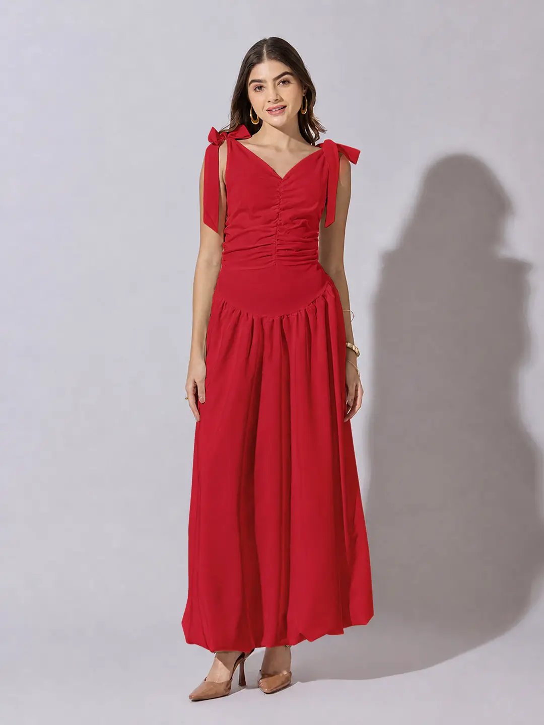 Women's Red Solid A-Line Dress With Drape Over