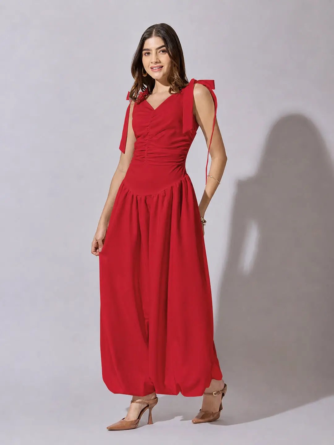 Women's Red Solid A-Line Dress With Drape Over