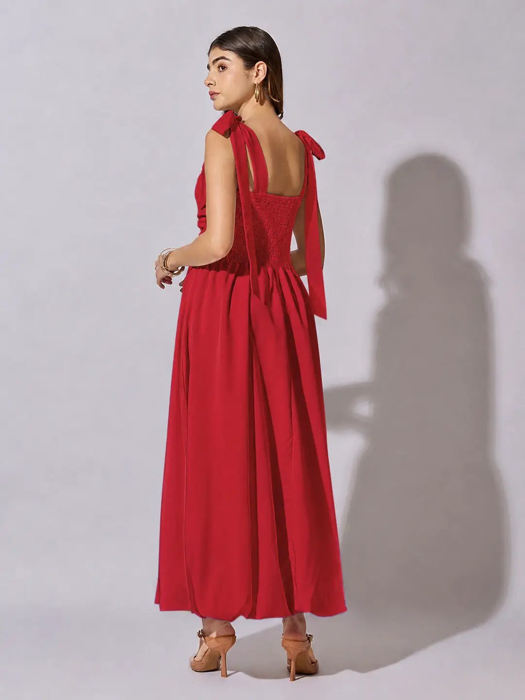 Women's Red Solid A-Line Dress With Drape Over