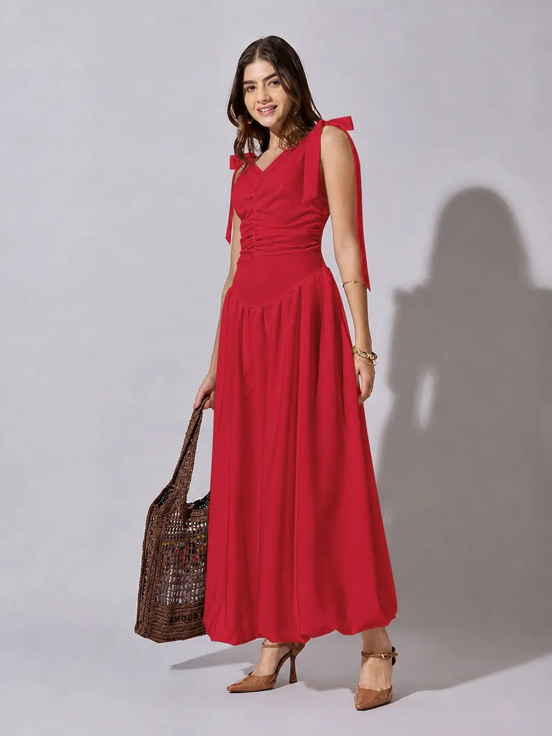 Women's Red Solid A-Line Dress With Drape Over