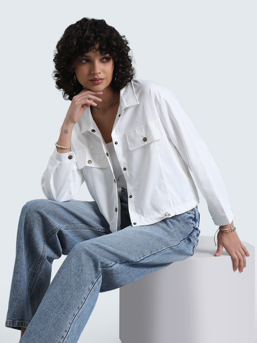 Women's White Button Down Utility Shirt with Flap Pockets